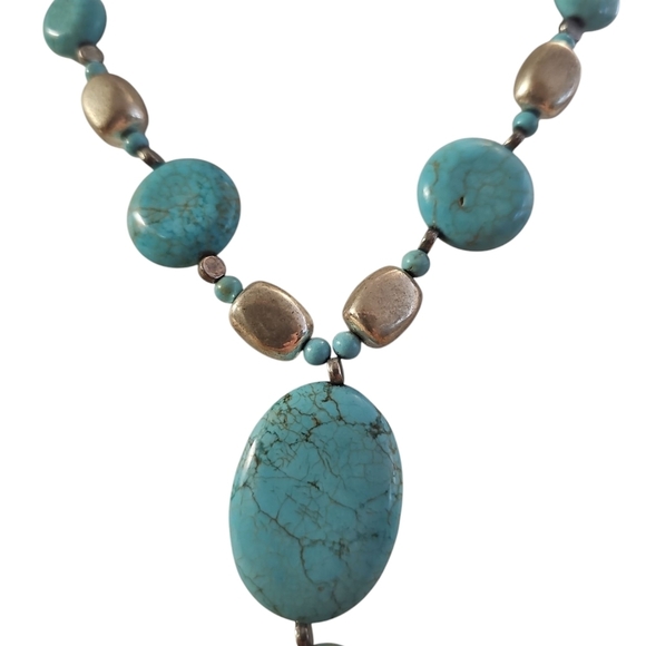 True Turquoise Nuggets and Silver Asymmetrical Handmade Necklace - Picture 2 of 6